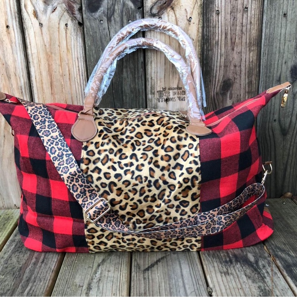 ❤️NEW BUFFALO PLAID WEEKENDER OVERNIGHT TRAVEL BAG w/LEOPARD CROSSBODY STRAP❤️